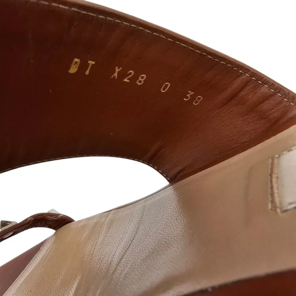Valentino Garavani Rockstud Brown Leather Flat Sandal Strap Slide Gold Size 38 8
